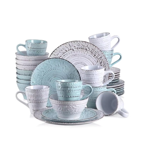 ComfyCreations Stoneware Dinnerware Set, 32-Piece, Blue and White