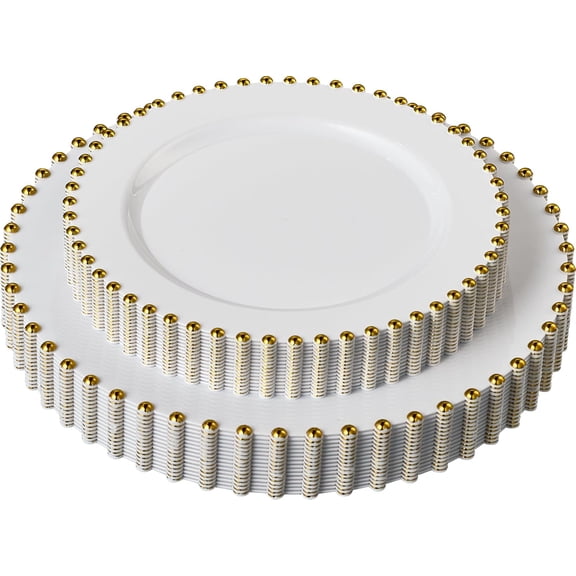 32 Piece Combo Plastic Dinner Plates Disposable Plastic Fancy Heavy Duty Party Dishes 7 inch and 10 inch, White and Gold Beaded