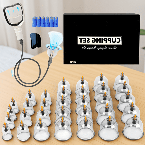 32-Piece Cupping Set with Manual Vacuum Pump, 35-Inch Extension Tube, 12 Magnetic Points, 6 Cup Sizes