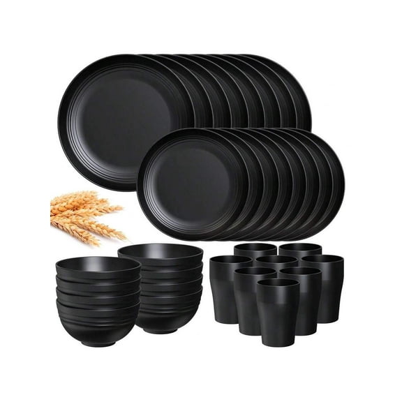 32-Piece Dinnerware Set for 8, Unbreakable Plastic Plates, Bowls & Cups for Outdoor Camping, Picnics, and Home Kitchen Use (Black)