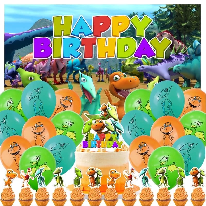32-Piece For Dinosaur Train-Inspired Party Decoration Set Includes Backdrop, Cake Topper, 12 Cupcake Toppers, and 18 Balloons for Festive Occasions and Celebrations