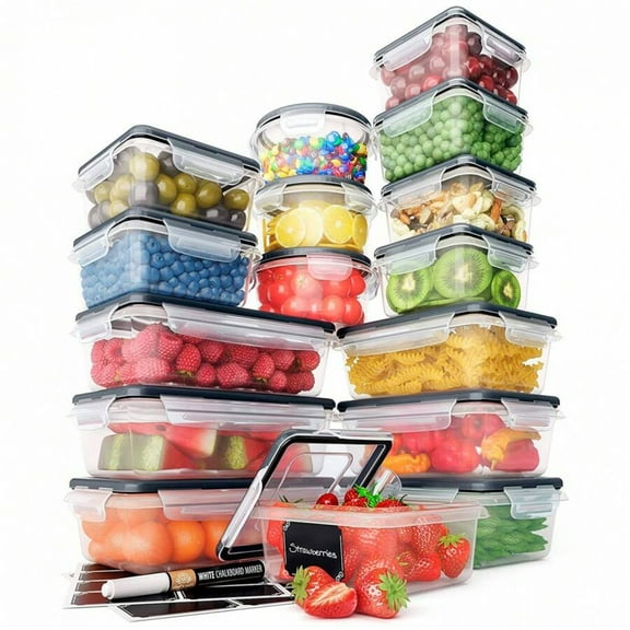 NTGFU 32 Piece Food Storage Containers Set with Easy Snap Lids (16 Lids + 16 Containers) - Airtight Plastic Containers for Pantry & Kitchen Organization with Free Labels & Marker