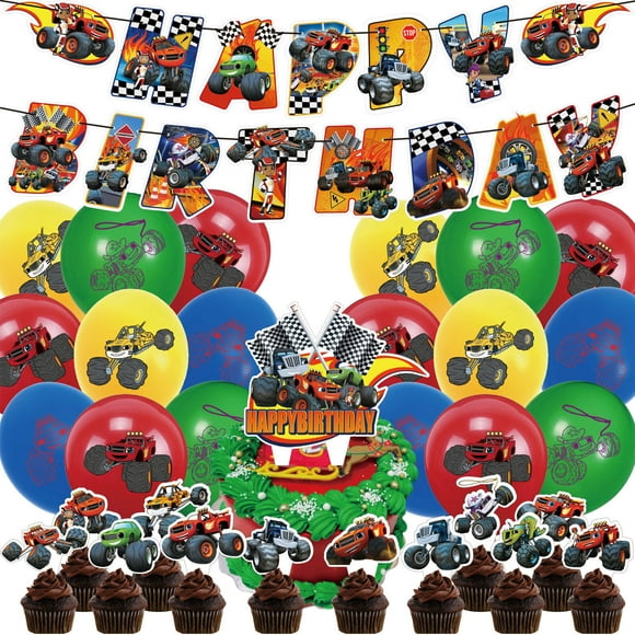 32-Piece For Blaze and the Monster Cartoon-Themed Birthday Party Decorations Set – Includes Banner, Cake Topper, 12 Cupcake Toppers, and 18 Balloons