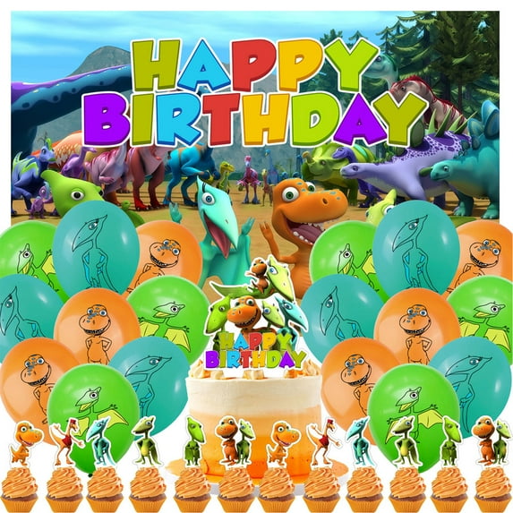 32-Piece For Dinosaur Train Cartoon-Themed Birthday Party Decorations Set – Includes Backdrop, Cake Topper, 12 Cupcake Toppers, and 18 Balloons