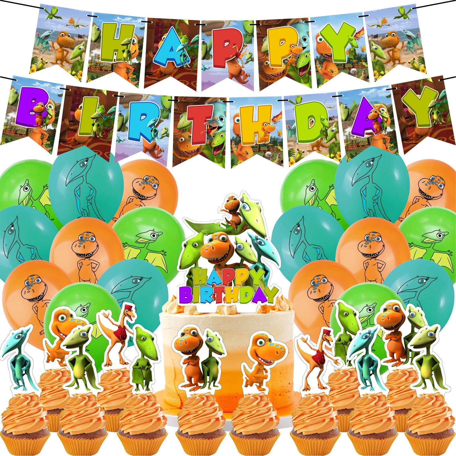 32-Piece For Dinosaur Train Cartoon-Themed Birthday Party Decorations Set Includes Banner, Cake Topper, 12 Cupcake Toppers, and 18 Balloons