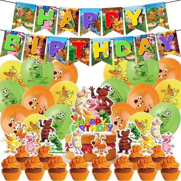32-Piece For WordWorld Cartoon-Themed Birthday Party Decorations Set – Includes Banner, Cake Topper, 12 Cupcake Toppers, and 18 Balloons