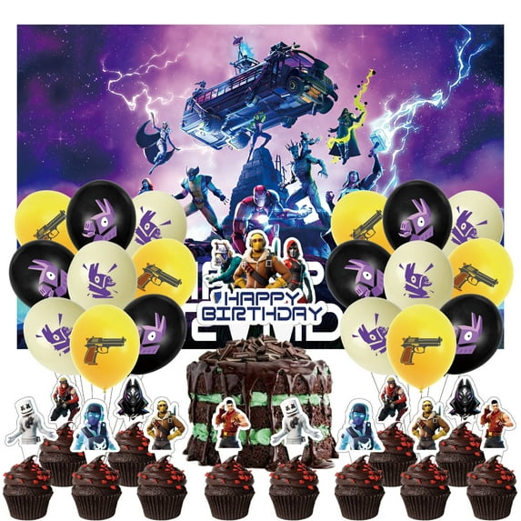 32-Piece Fortnite-Inspired Party Decoration Set – Includes Backdrop, Cake Topper, 12 Cupcake Toppers, and 18 Balloons for Festive Occasions and Celebrations
