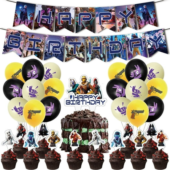 32-Piece Fortnite-Inspired Party Decoration Set – Includes Banner, Cake Topper, 12 Cupcake Toppers, and 18 Balloons for Festive Occasions and Celebrations