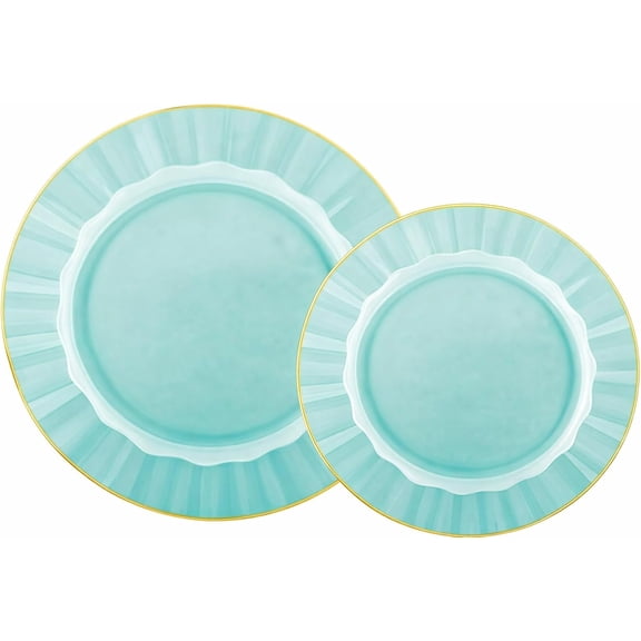 32-Piece Green Plastic Plates Set, 16×10" Dinner & 16×7" Salad Plates, Heavyweight Disposable Plates with Gold Rim, Elegant Petal Design Dinnerware