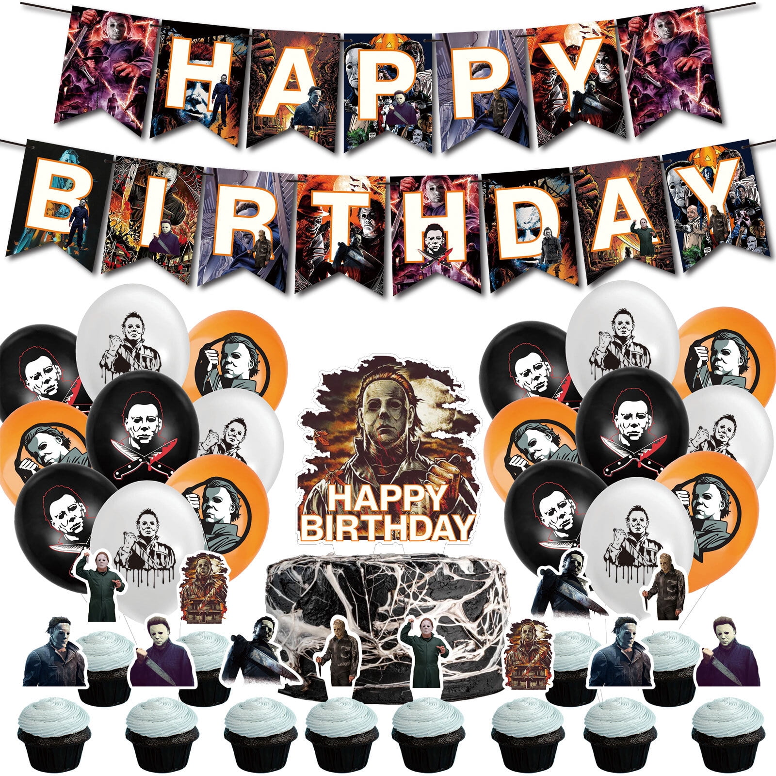 32-Piece For Halloween-Michael Myers Cartoon-Themed Party Decoration Set – Includes Banner, Cake Topper, 12 Cupcake Toppers, and 18 Balloons for Festive Celebrations