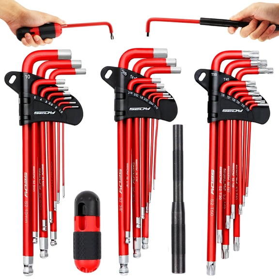32-Piece Hex Key Wrench Set, Metric and SAE Allen Wrenches (0.028-3/8 inch, 0.7-10 mm) L Shape Allen Keys, Chrome Vanadium Steelwith 2x Extension Handle