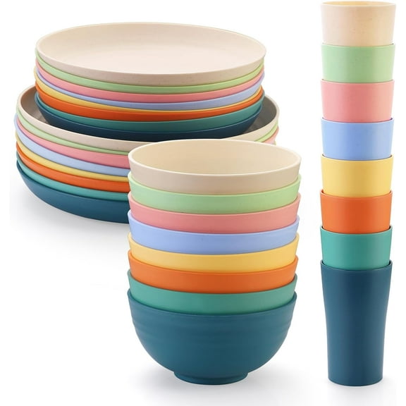 32-Piece Kitchen Plastic Wheat Straw Dinnerware Set,Service for 8,Dinner Plates,Dessert Plate,Cereal Bowls,Cups,Unbreakable Colorful Plastic Apartment Outdoor Camping Dishes,Autumn Multicolor