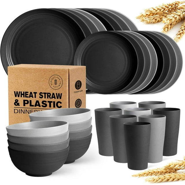 32-Piece Kitchen Plastic Wheat Straw Dinnerware Set, Service for 8, Dinner Plates, Dessert Plate, Cereal Bowls, Cups, Unbreakable Colorful Plastic Outdoor Camping Dishes, Autumn Multicolor