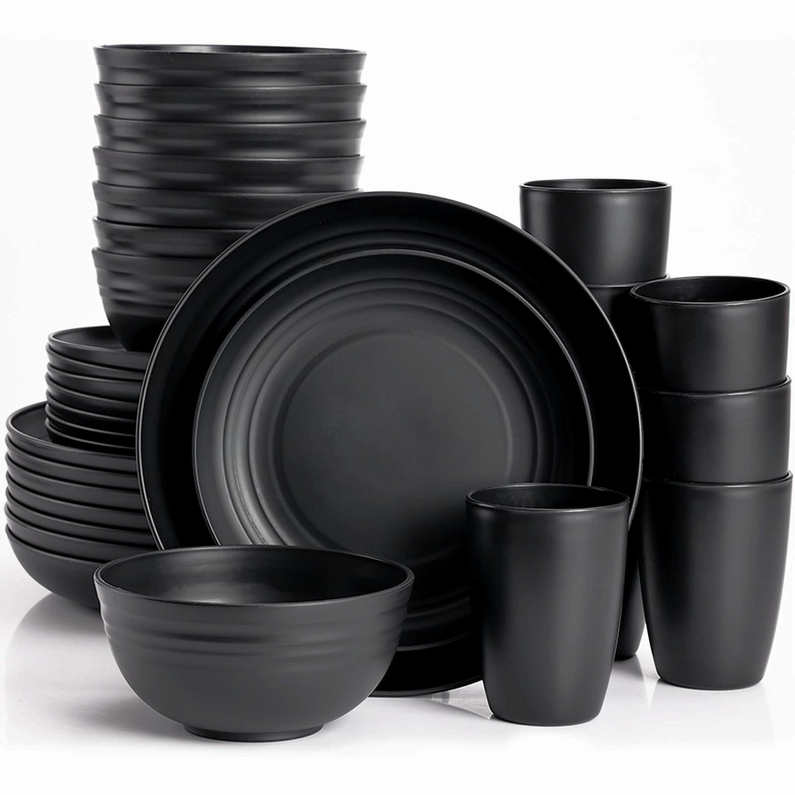 32-Piece Kitchen Plastic Wheat Straw Dinnerware Set, Service for 8, Unbreakable Modern Dish Set Dinner Plate/Dessert Plate/Cereal Bowl/Cup, for Apartment Essentials, Outdoor Camping,Black