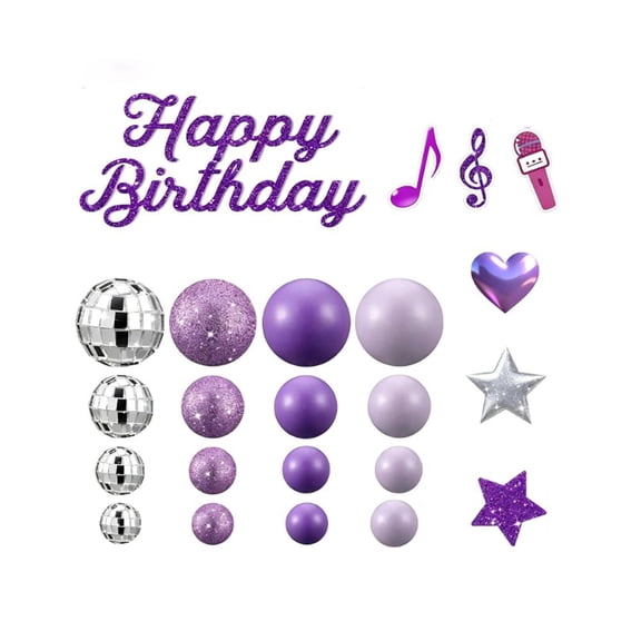 32-Piece Kpop Cake Topper Set, Robust Purple Disco Ball Music Party Decorations, Resilient Star & Heart Toppers for Singers & Birthday Fans, 3D Mirrored Disco Accents