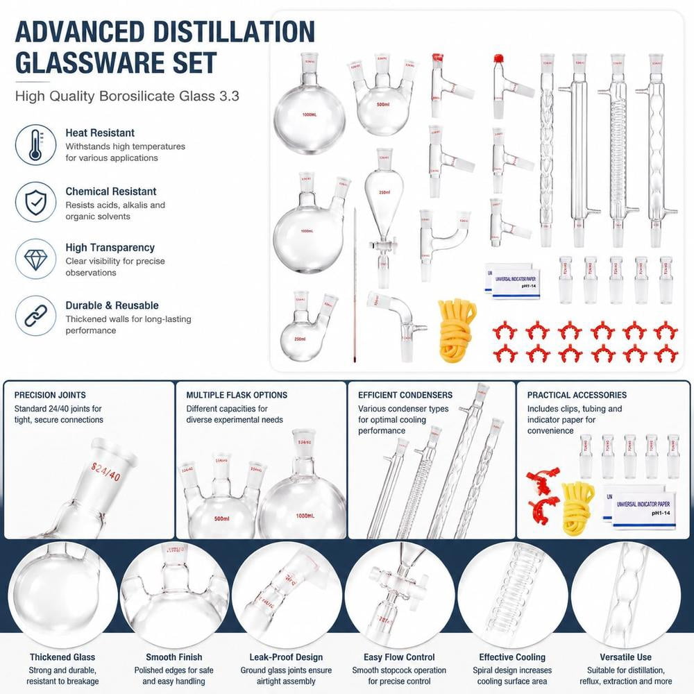 32-Piece Lab Glassware Distillation Kit with 24/40 Joints, 1000Ml 500Ml ...