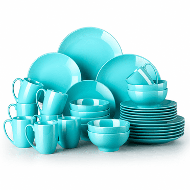 Ink Crfat 32-Piece Porcelain Ceramic Dinnerware Set, Service for 8 – Dinner Plates, Dessert Plates, Bowls, Mugs, Light Blue Tableware