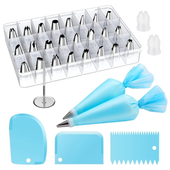 32-Piece Piping Bags and Tips Set with 24 Icing Piping Tips, 2 Reusable Pastry Bags 12 Inch, Reusable Piping Icing Bags and Tips, Cake Decorating Kit for Frosting Cookie, Cupcake