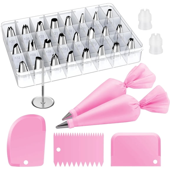 32-Piece Piping Bags and Tips Set with 24 Icing Piping Tips, 2 Reusable Pastry Bags 12 Inch, Reusable Piping Icing Bags and Tips, Cake Decorating Kit for Frosting Cookie, Cupcake
