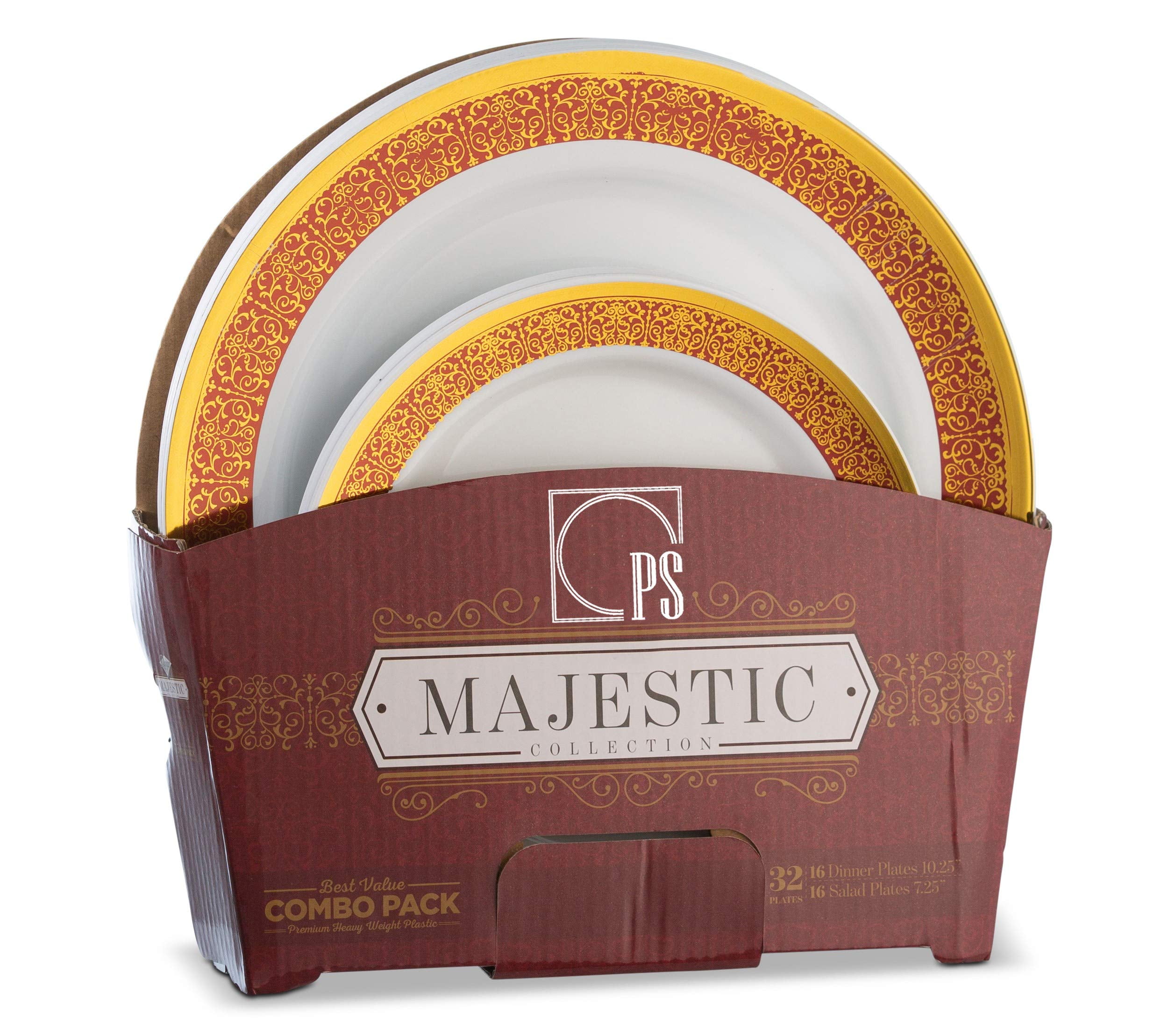 Posh Setting Fancy 32 Piece Plastic Plates Set 16 Dinner Plates and 16 Dessert Plates Gold and Burgundy Walmart