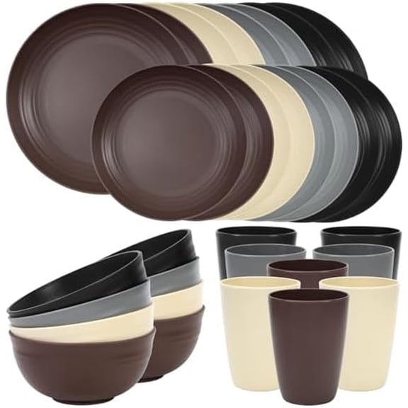 32 Piece Plates and Bowls Sets for 8, Unbreakable Dinnerware Sets, Plastic Dish Set for Camping, Dishwasher Microwave Safe, Outdoor Kitchen and Apartment Dinning RV Essentials, Brown