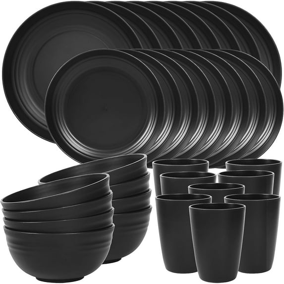 32 Piece Plates and Bowls Sets of 8, Unbreakable Wheat Straw Dinnerware Sets, Plastic Dish Set for Camping, Dishwasher Microwave Safe, Outdoor Kitchen and Apartment Dinning Essentials, Black