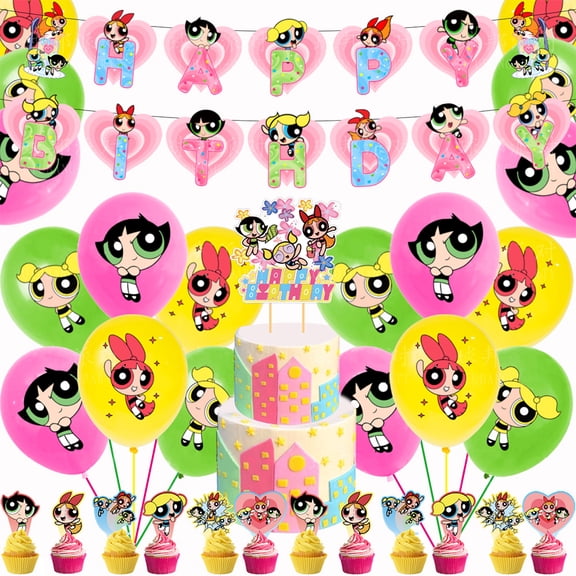 32 Piece Set The Powerpuff Girls Birthday Party Decorations Supplies, Blossom Bubbles Buttercup Cake Toppers Cards