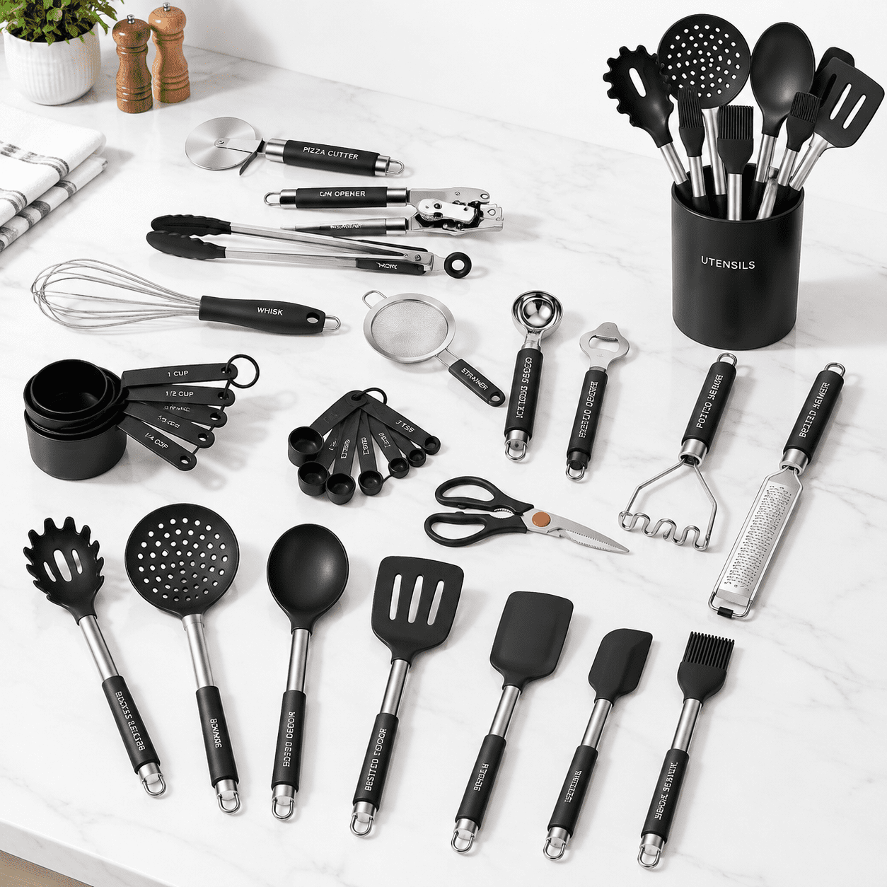 32-Piece Silicone Kitchen Utensil Set with Stainless Steel Handles and ...