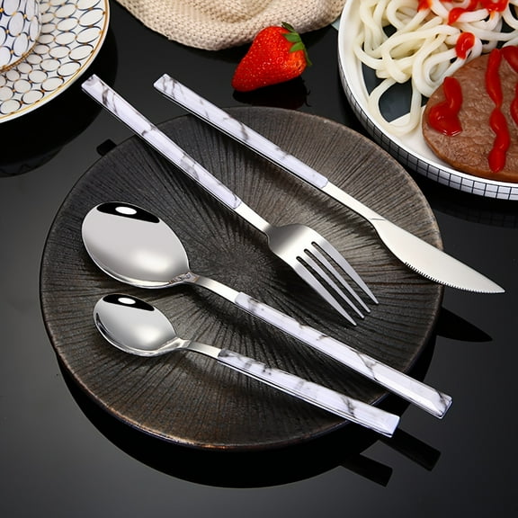 32-Piece Stainless Steel Flatware Set - Marble Texture ABS Handles - Mirror Finish - Service for 8 - Elegant Cutlery for Daily & Special Use