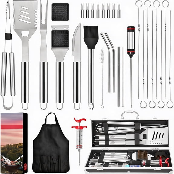 32-Piece Stainless Steel Grill Set with Aluminum Case and Apron