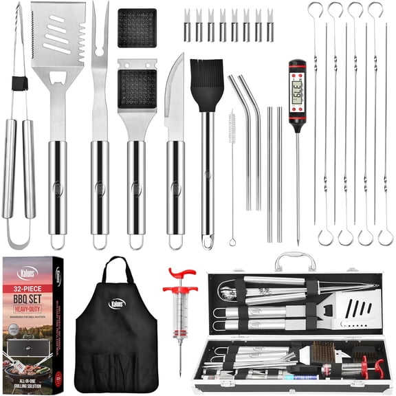 32-Piece Stainless Steel Grill Set with Aluminum Case and Apron