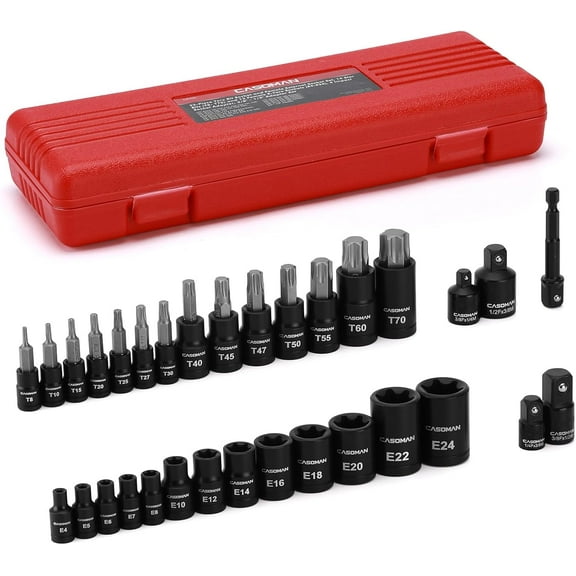 32-Piece Torx Bit Socket and Female External Socket Set, 14 Star Bits (T8- T70) and 13 Female E-Torx Sockets (E4-E24), Include 5 Impact Socket Adapter