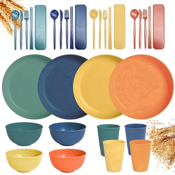 Wheat Straw Dinnerware Set for 4, Unbreakable Plates & Bowls, Lightweight, BPA-Free, Microwave & Dishwasher Safe, 32-Piece Set for Home & Outdoor