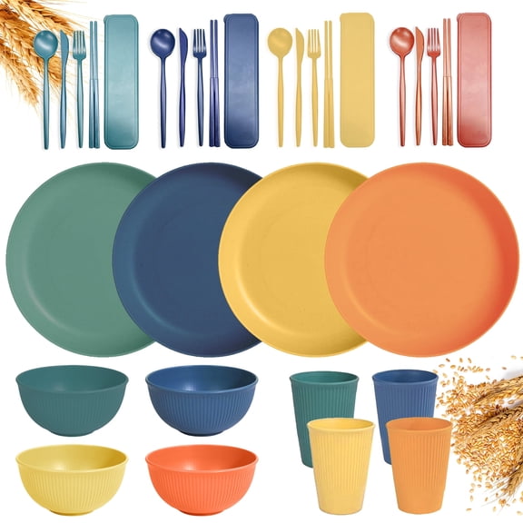 32-Piece Unbreakable Wheat Straw Dinnerware Set for 4, Microwave & Dishwasher Safe, Includes Cups, Flatware & Chopsticks