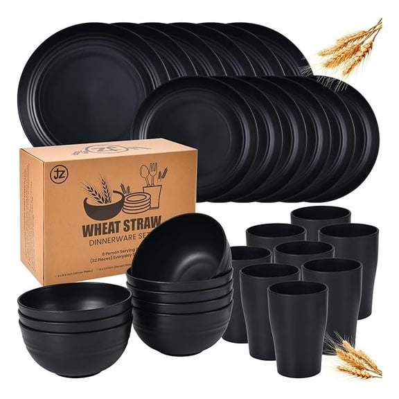 32 Piece Wheat Straw Dinnerware Set - Black Plates & Bowls for 8, Unbreakable, Dishwasher Safe, Lightweight Tableware for Camping & Everyday Use
