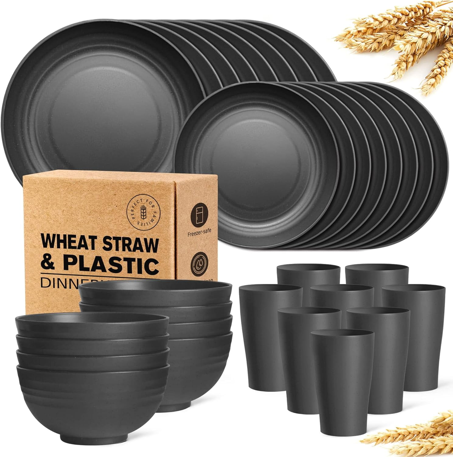 32-Piece Wheat Straw Dinnerware Set, Service for 8, Unbreakable Plates, Bowls & Cups, Eco-Friendly, Dishwasher Safe, for Camping, Apartments, Black - Walmart.com