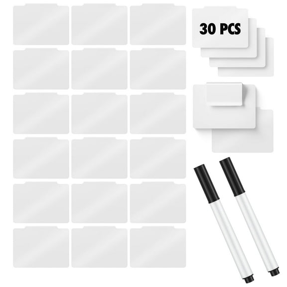 32 Pieces Basket Labels Clip Set, Include 30 Kitchen Clip Label Holder Removable PVC Bin with 2 Chalk Marker for Basket Pantry Organization Box