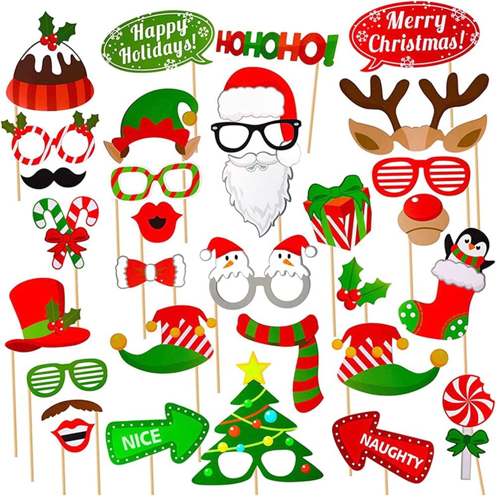 32 Pieces Christmas Party Photo Props, Christmas Photo Booth Props Kit Merry Christmas Party Decoration, Glasses Christmas, Xmas Party Photo Supplies