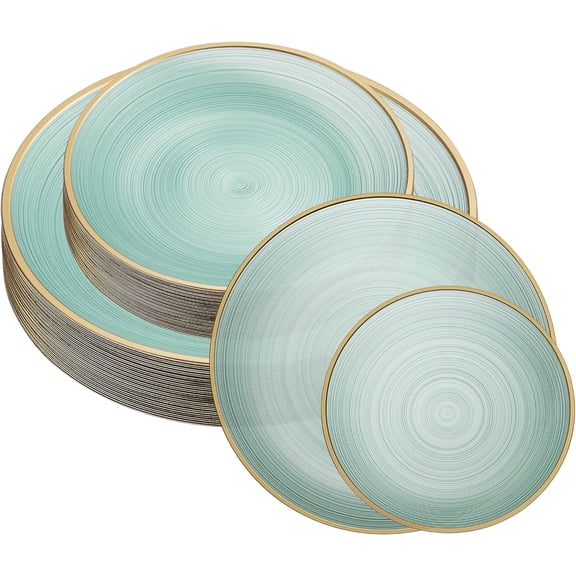 32 Pieces Crystal Design Plastic Plates Combo Pack 7 inch and 10 inch Gold Rim Elegant Disposable Plates, Transparent Green