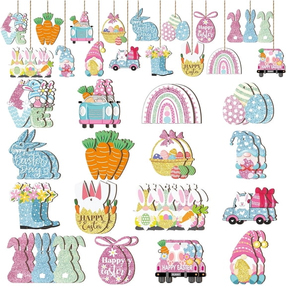 32 Pieces Easter Ornaments for Tree Pastel Spring Wooden Decorations Egg Gnome Bunny Carrot Basket Ornaments Hanging Spring Wood Cutouts Slice Easter Decor for Home Indoor Tree Party Holiday