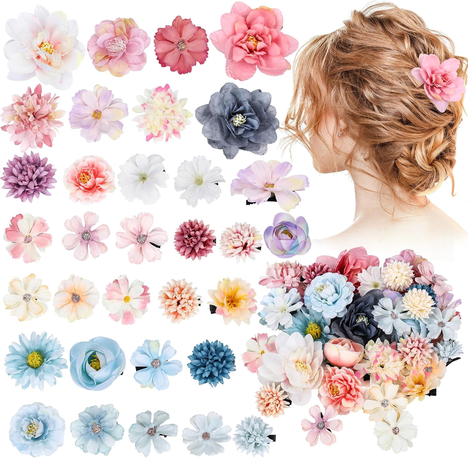 32 Pieces Flower Hair Clip for Women Artificial Rose Hair Aaccessories Bride Claw Clip Floral Barrettes for Girls(Pink White Purple Blue)