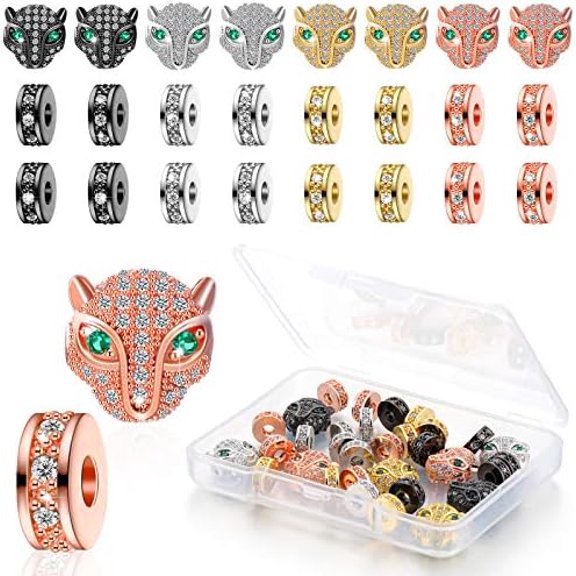 32 Pieces Leopard Head Animal Rhinestone Spacer Beads Large Hole Panther Head Pendant Charms Connector for DIY Bracelet Necklace Earrings Jewelry Making (Gold, Silver, Rose Gold, Black)$$Art & Craft