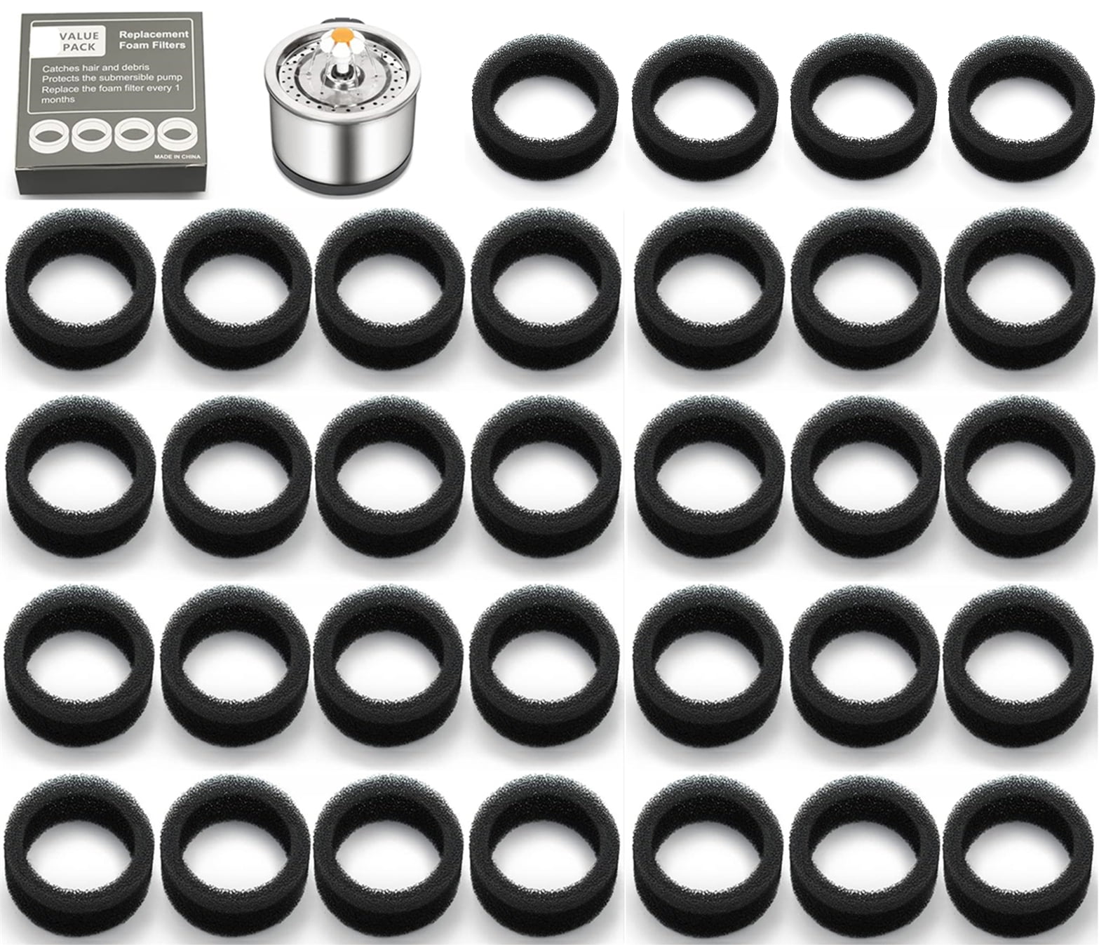 32-Pieces Pet Water Fountain Filter Sponge Replacement for 2.5 L/84 oz 2.2 L/ 74 oz Stainless Steel Cat Fountains, Black Round Filter Foam for stainless steel Cat Drink Fountains