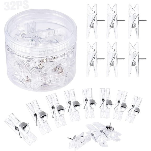 32 Pieces Reusable Push Pin Clips Photo Clips, Mini Transparent Plastic Tacks Thumbtacks ClothespinsCraft Paper Clips for Cork Boards Wall Artworks Notes Photos Craft Accessories, Clear