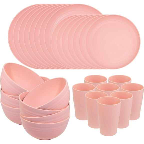32 Pink Plate and Bowl Set, Unbreakable Dinnerware | Lightweight Reusable Wheat Straw Pink Dinnerware Set. Shatterproof powder version of summer camp plates and bowls for RV or picnic.