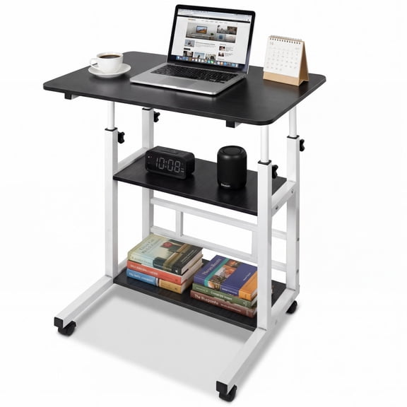 32" Portable Rolling Computer Desk with Wheels, Height Adjustable Mobile Desk with Storage Shelves for Small Spaces Home Office, Black