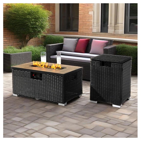 32" Propane Gas Table with Propane Cover 2-Pieces, 50000 BTU Rectangular Steel with Beautiful Wicker Base for Outside Garden