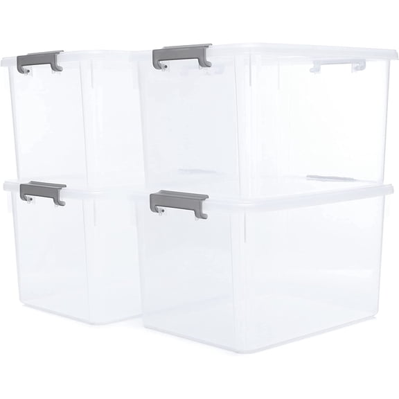 32 QT Plastic Storage Bins with Latching Lids Stackable Storage Containers for Organizing Large Clear Storage Box for Garage, Closet, Kitchen, 4 Packs