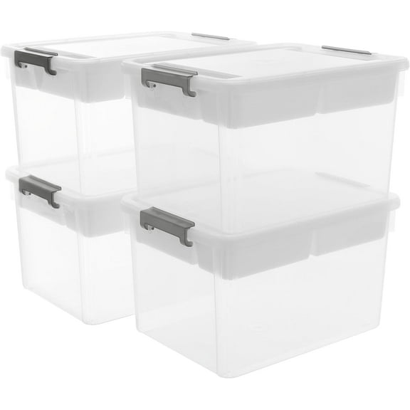 32 QT Plastic Storage Bins with Removable Tray Large Stackable Storage Containers for Organizing Craft Storage and Storage Craft, Clothes, Files, Office Supplies, 4 Packs
