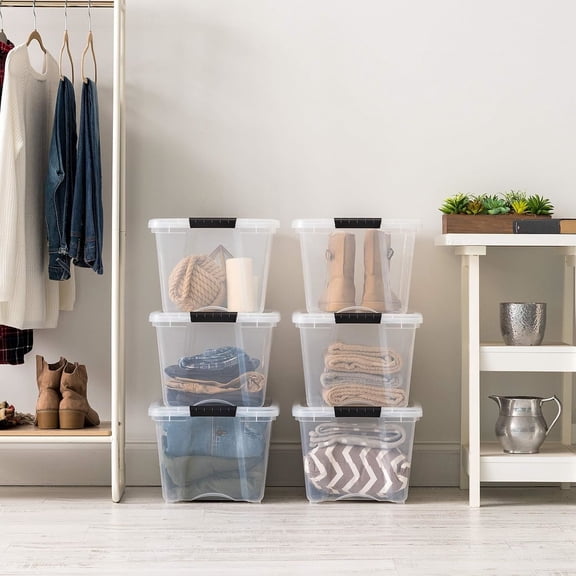 32 QT Plastic Storage Box with Lid and Latches - 6 Pack - BPA-Free, See-Through Organizing Solution, Durable Nestable Stackable Containers, Secure Pull Handle - Clear